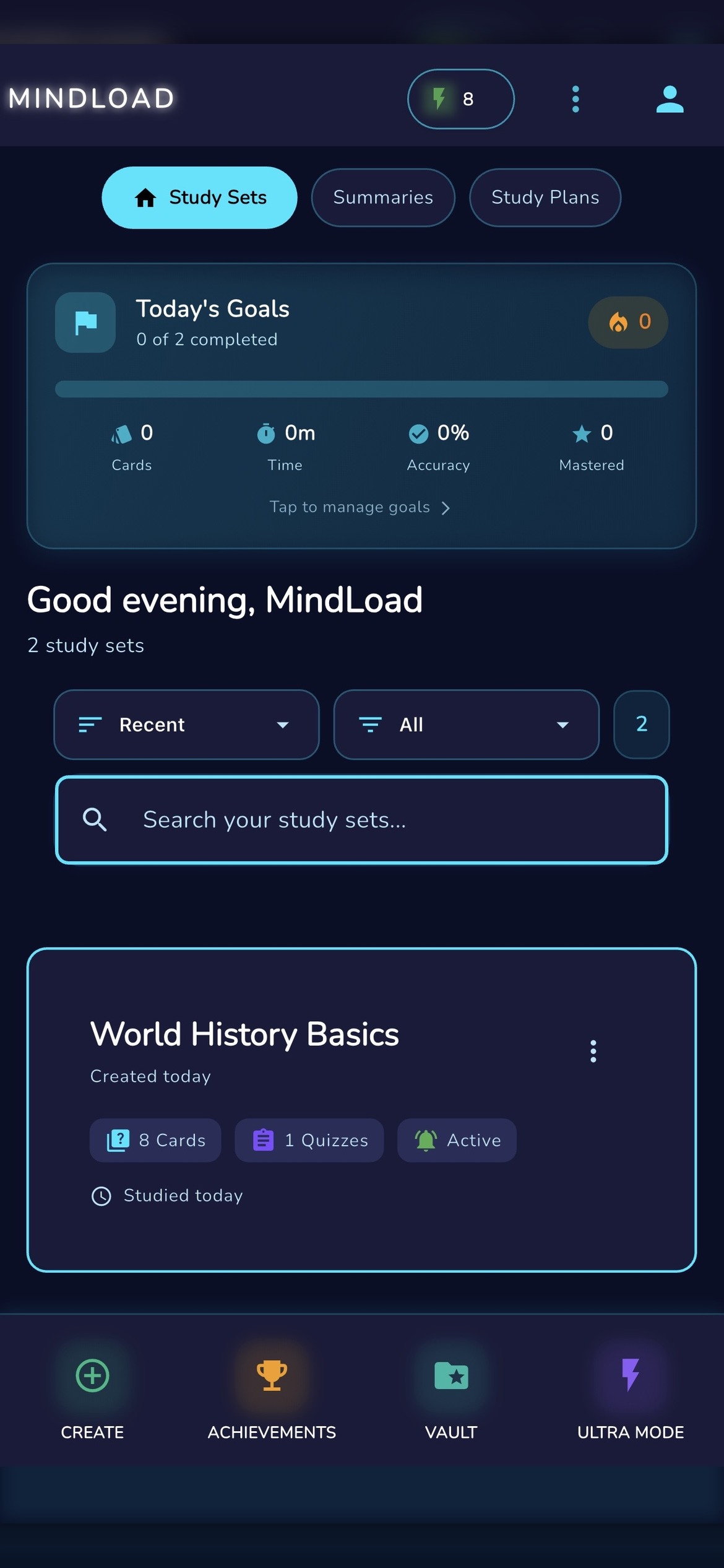 MindLoad study sets dashboard