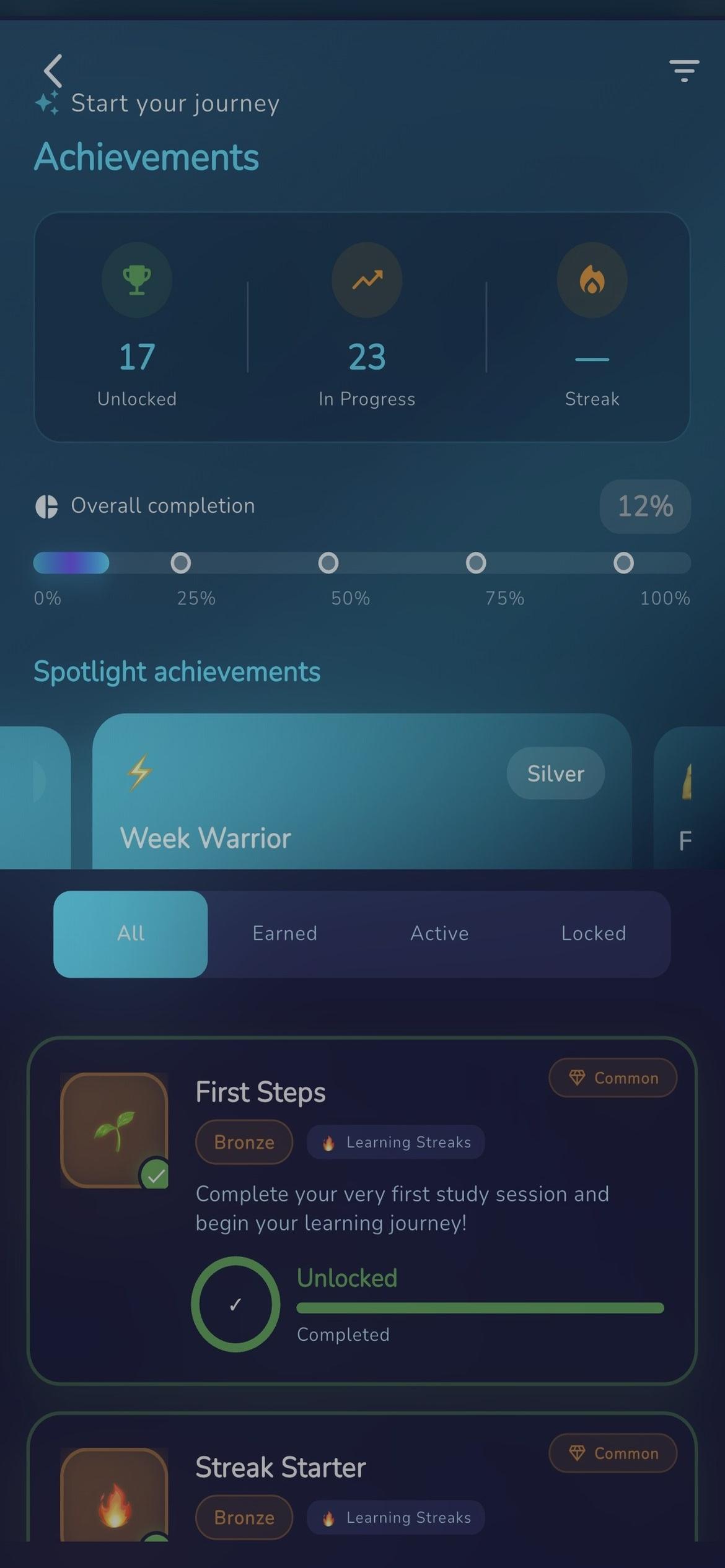 Achievements and progress screen